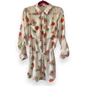 Miss Me Y2K Cream Floral Lightweight Boho Summer Tunic Blouse Top Small